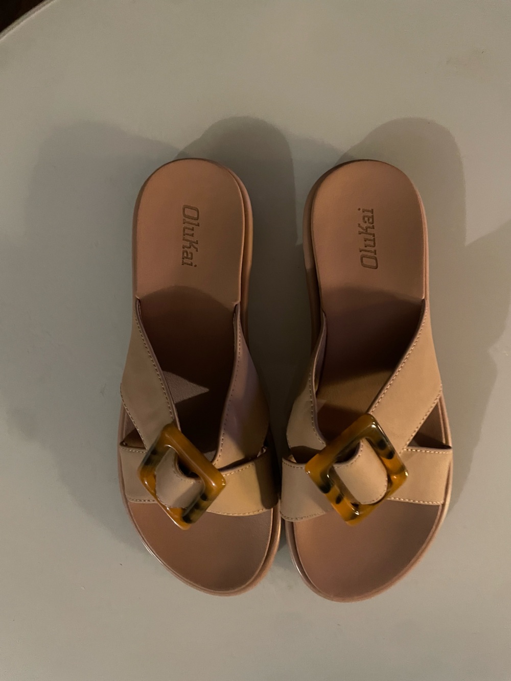 OluKai Women's Beige Slide Sandals with Tortoiseshell Buckle